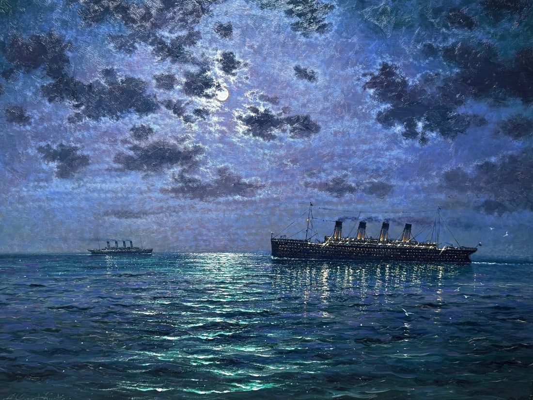 Ships That Pass In the Night RMS Titanic Under Nocturnal Moon with RMS Olympic - 3
