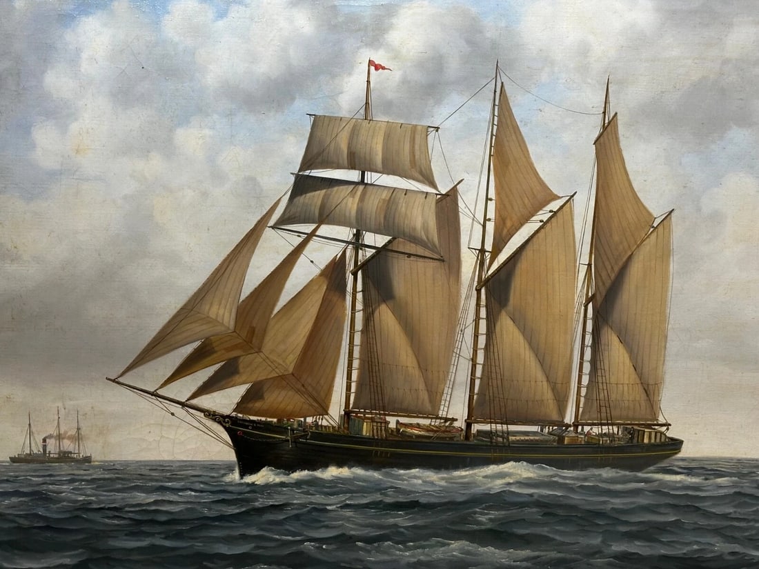 British Marine Oil Painting Kathleen & May Schooner Ship By John Lewis Chapman - 3