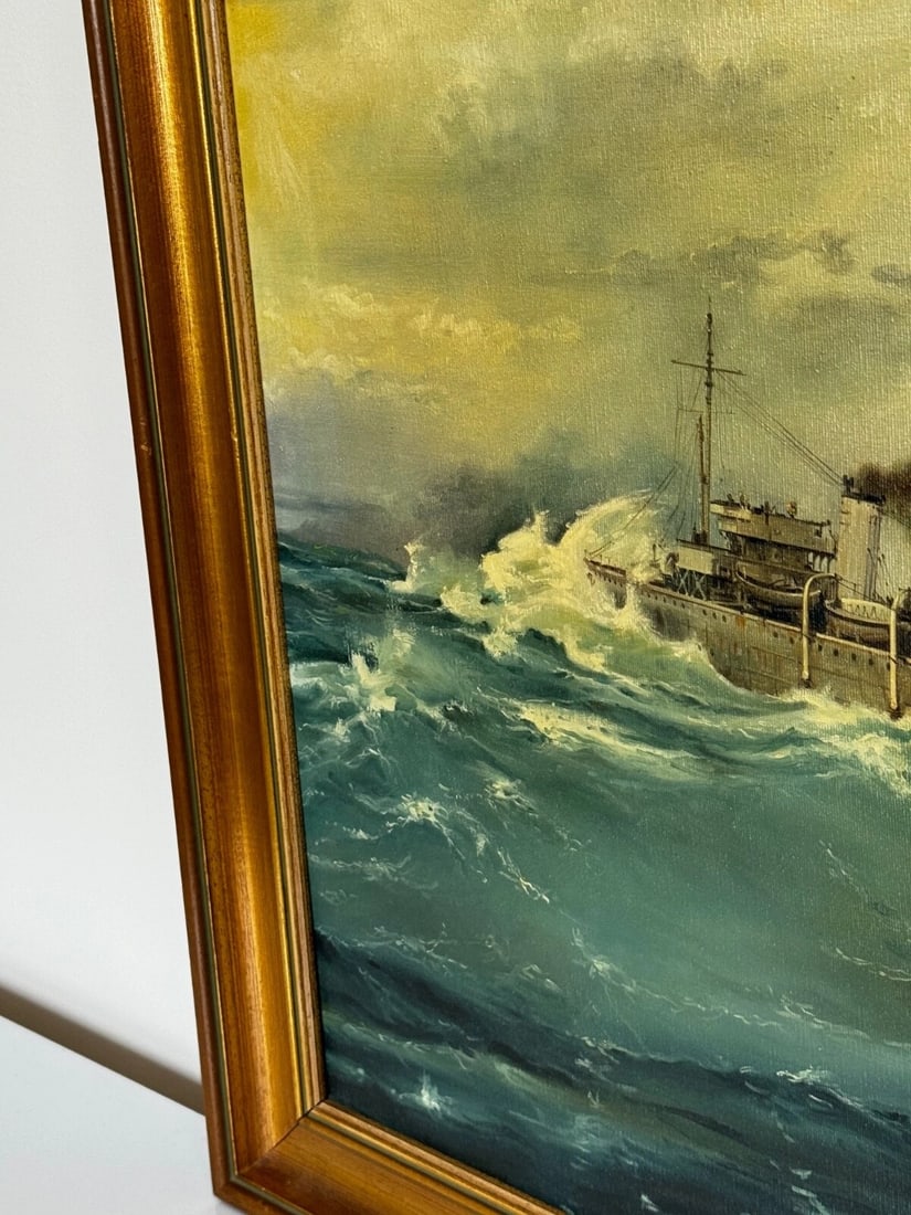 Oil Painting HMS Franklin Ship The Pentlands 1944 WW2 Convoy Duty North Sea - 11
