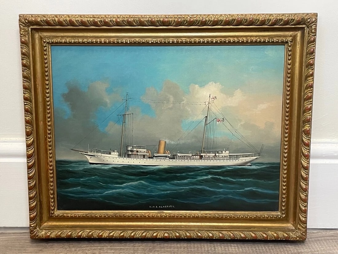 Anglo Chinese School Marine Oil Painting HMS Alacrity Schooner Steam Sail Ship - 17