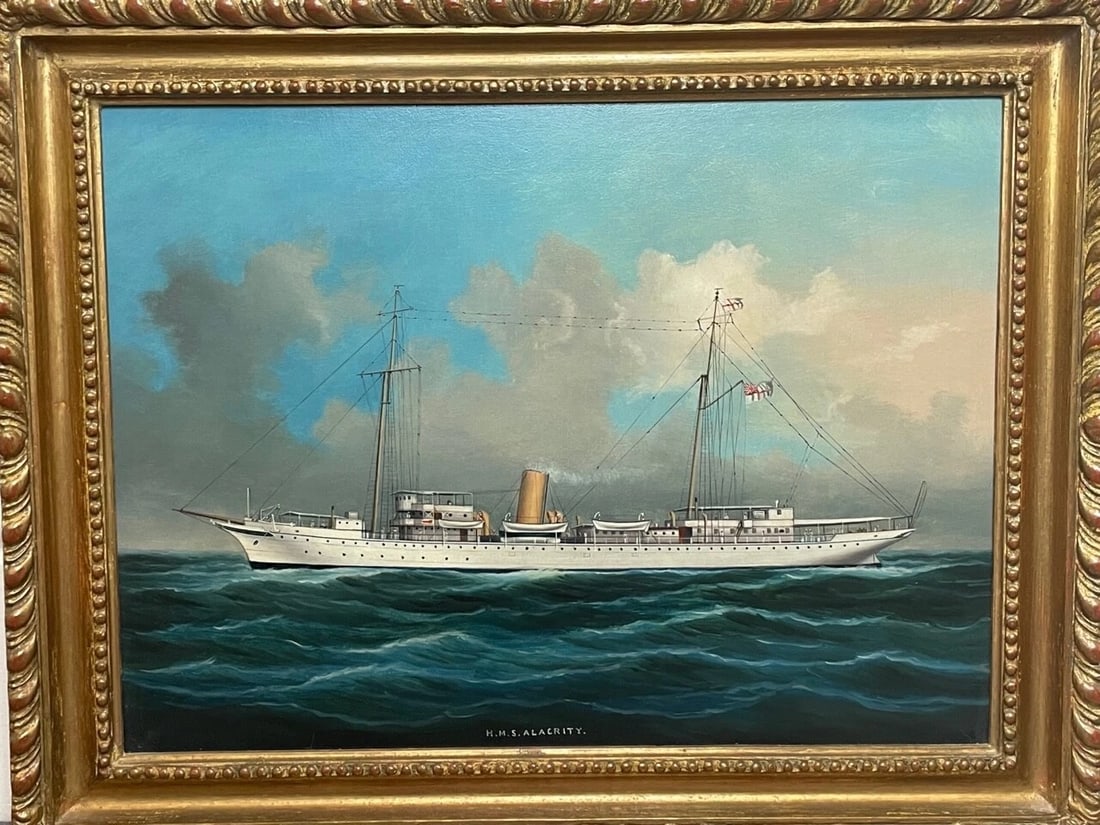 Anglo Chinese School Marine Oil Painting HMS Alacrity Schooner Steam Sail Ship - 18