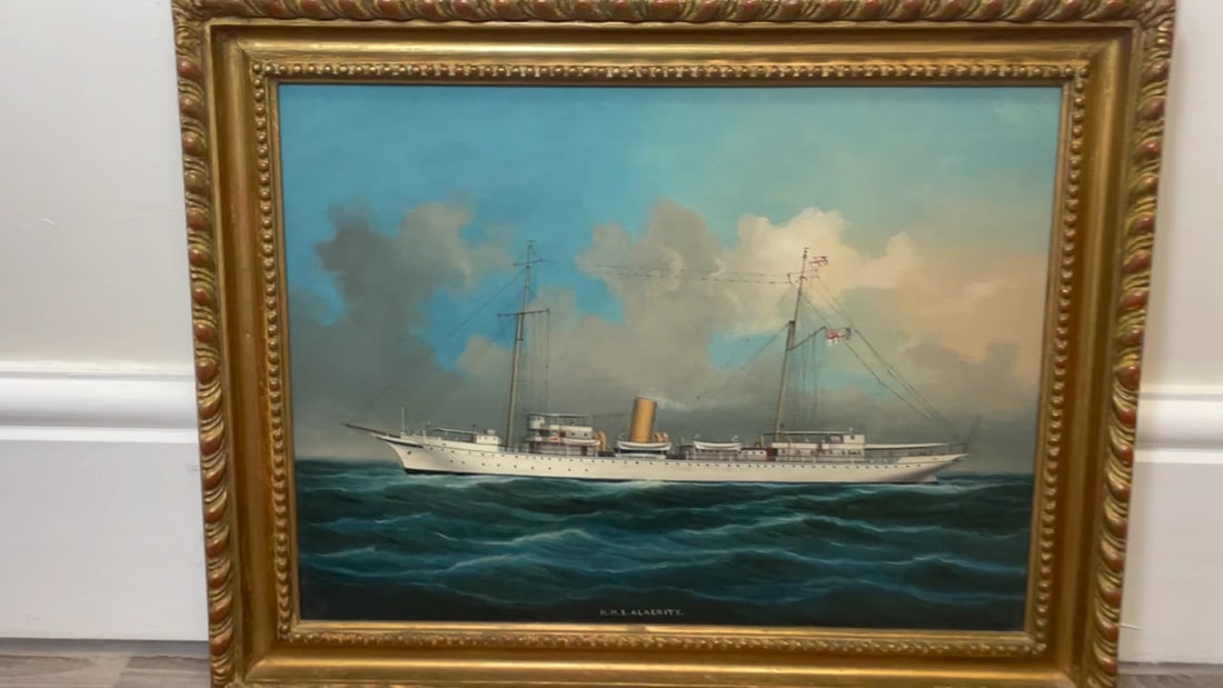Anglo Chinese School Marine Oil Painting HMS Alacrity Schooner Steam Sail Ship - 2