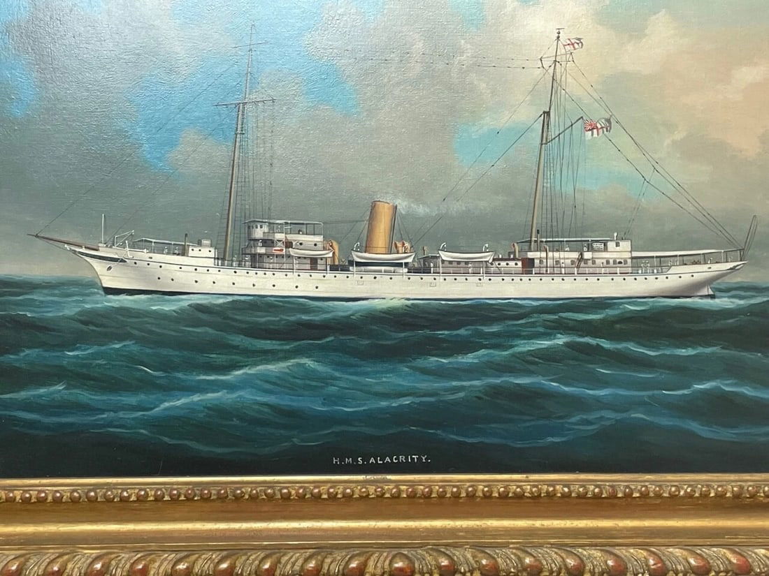 Anglo Chinese School Marine Oil Painting HMS Alacrity Schooner Steam Sail Ship - 6