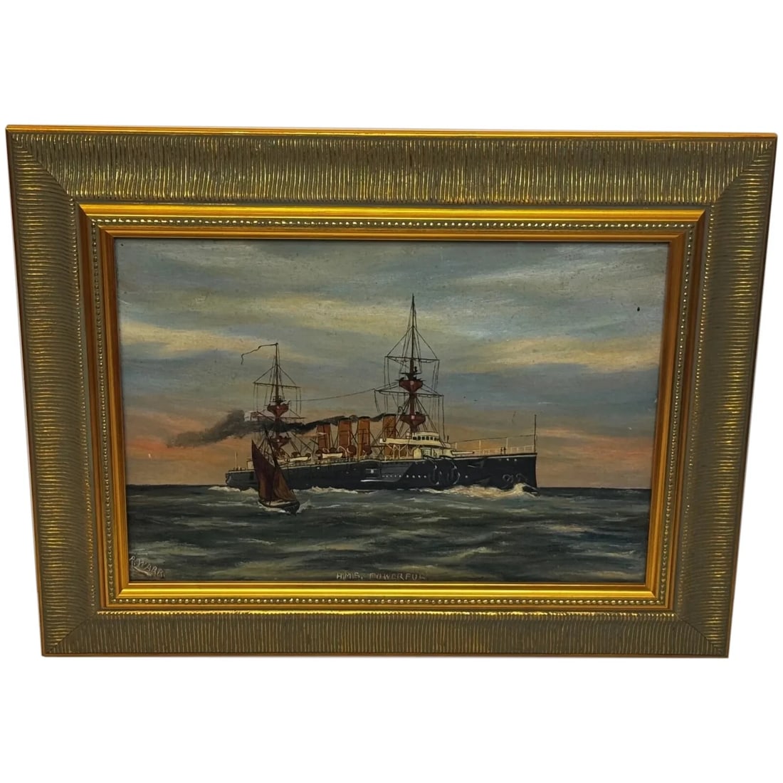 Marine Oil Painting HMS Powerful Royal Navy Cruiser Ship Follower Charles Dixon: Title: Marine Oil Painting HMS Powerful Royal Navy Cruiser Ship Follower Charles Dixon Description: 1 Antique English Historical Marine Oil Painting HMS Powerful Royal Navy Cruiser Ship Follower Of Ch