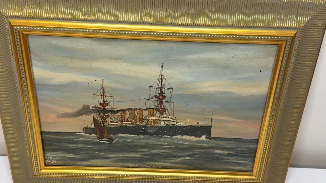 Marine Oil Painting HMS Powerful Royal Navy Cruiser Ship Follower Charles Dixon - 2