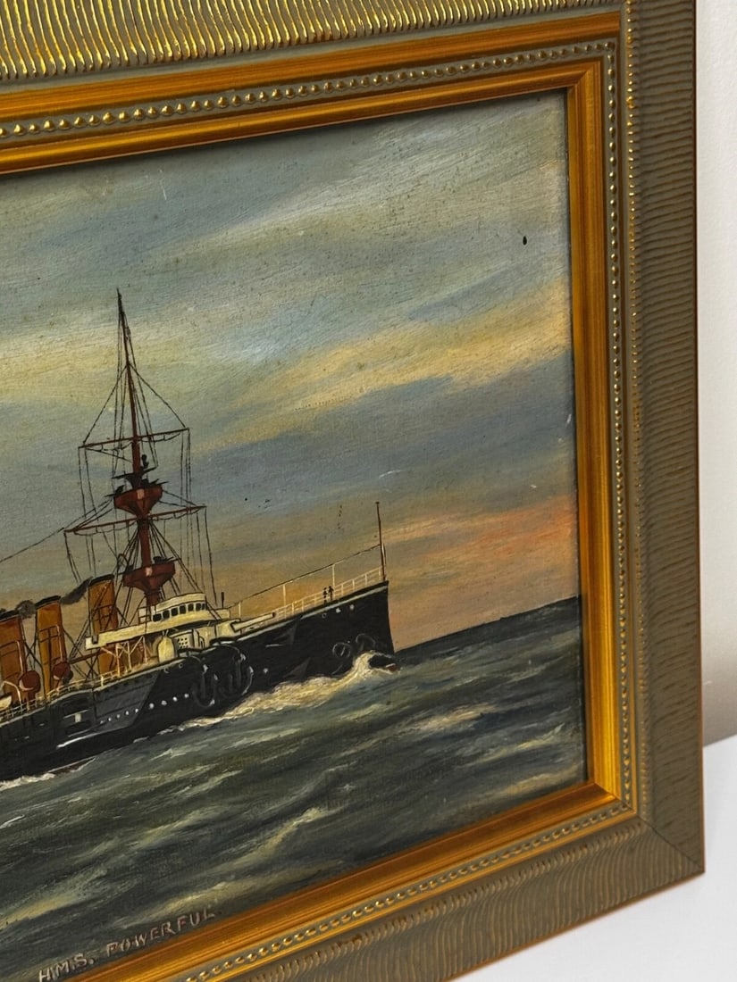 Marine Oil Painting HMS Powerful Royal Navy Cruiser Ship Follower Charles Dixon - 4