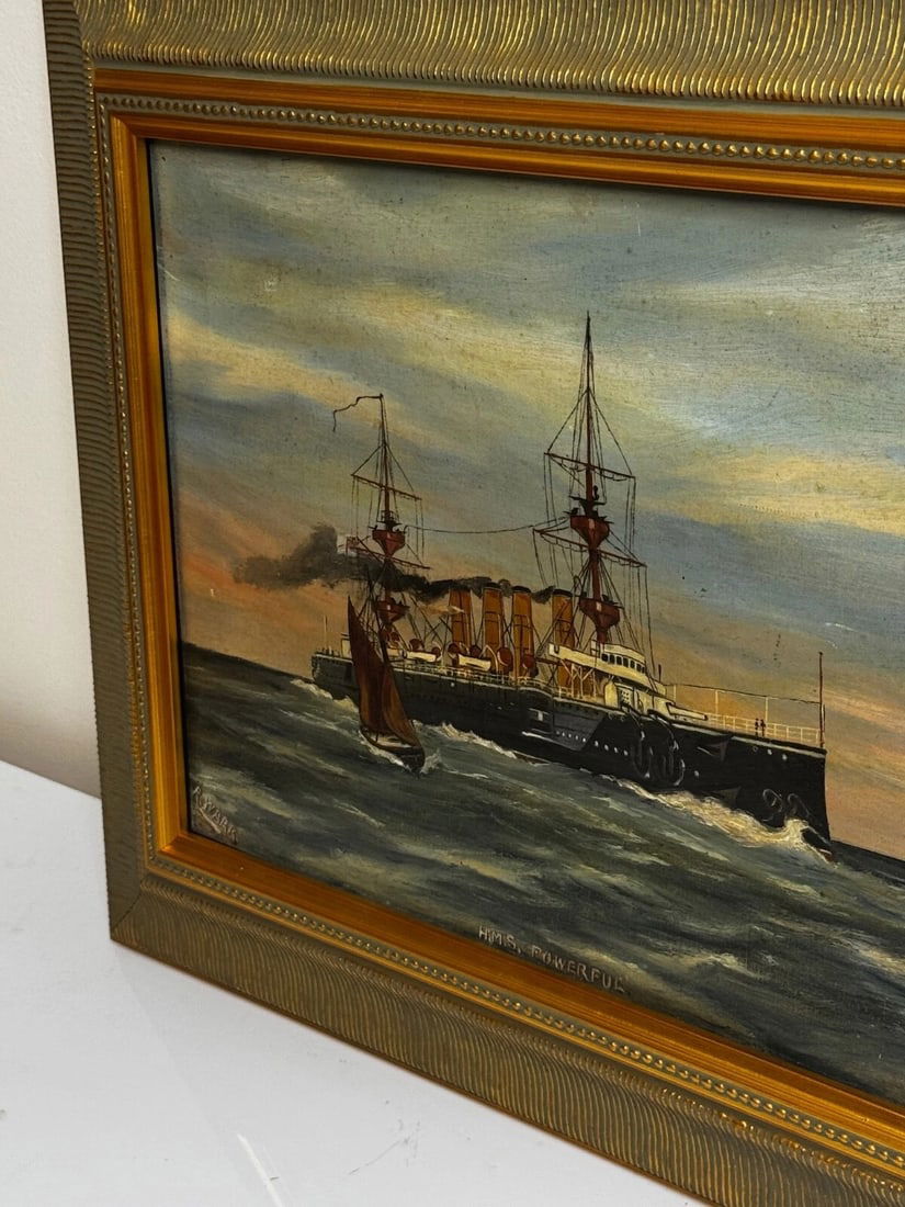 Marine Oil Painting HMS Powerful Royal Navy Cruiser Ship Follower Charles Dixon - 5