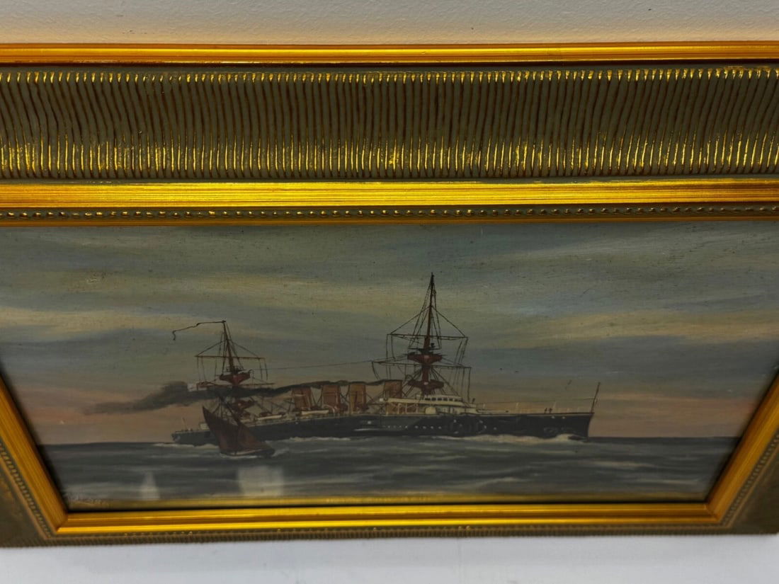 Marine Oil Painting HMS Powerful Royal Navy Cruiser Ship Follower Charles Dixon - 9