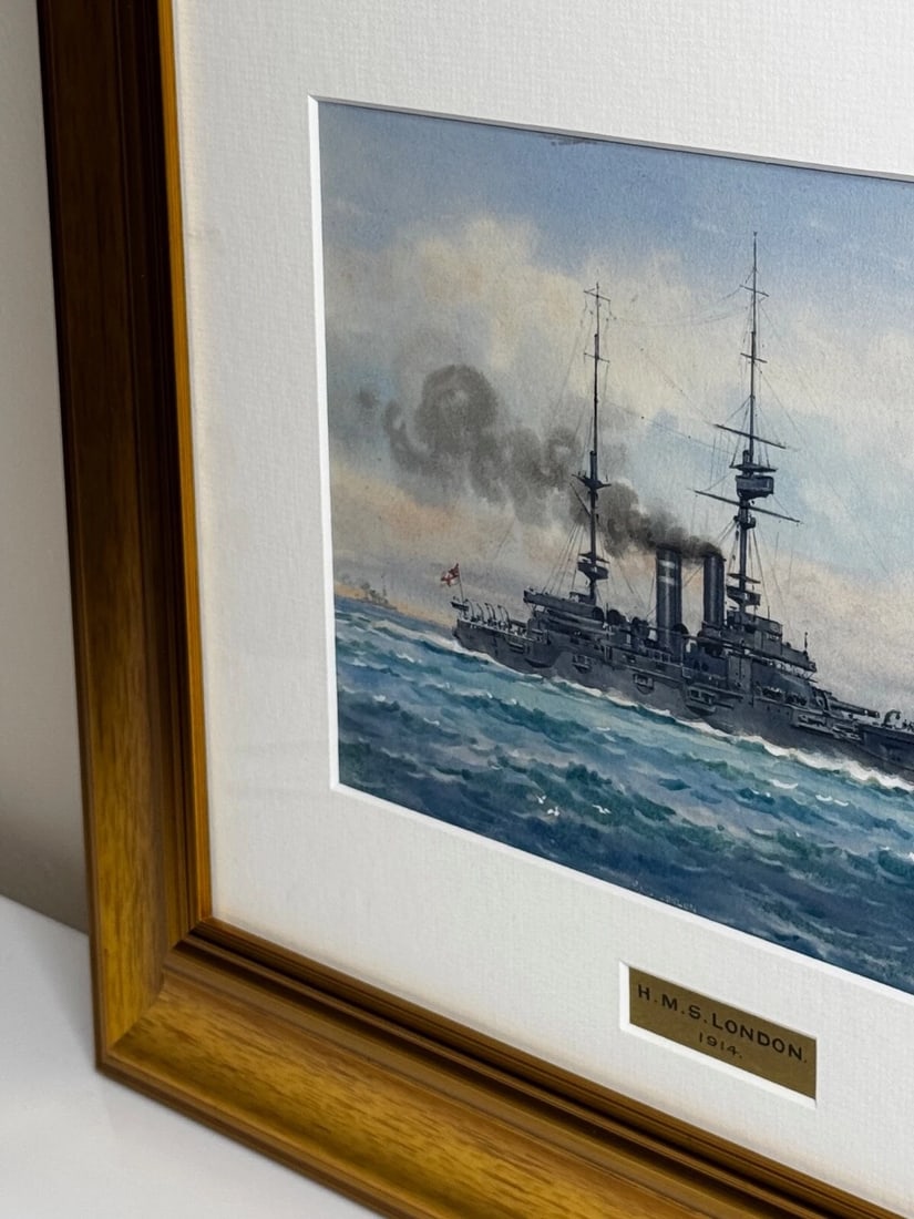 Painting HMS London 1914 Escorting British Expedition Force WW1 By Frank W Wood - 14