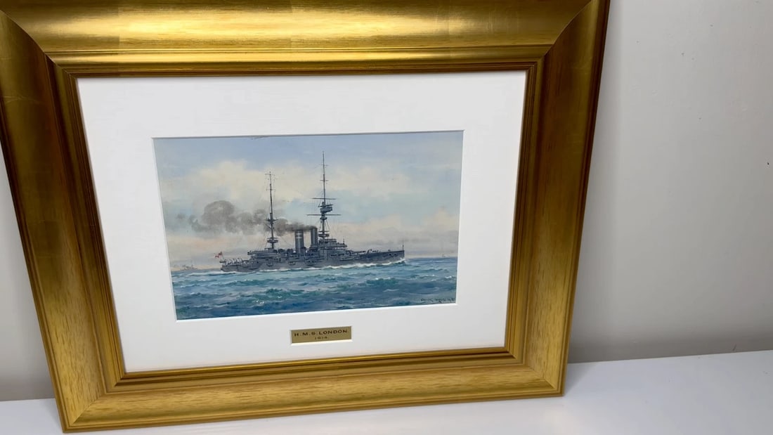 Painting HMS London 1914 Escorting British Expedition Force WW1 By Frank W Wood - 2