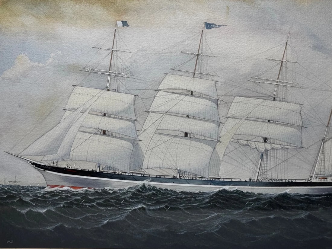Victorian Painting Brocklebank Line Four Masted Barque Steel Hull Ship Sindia - 3