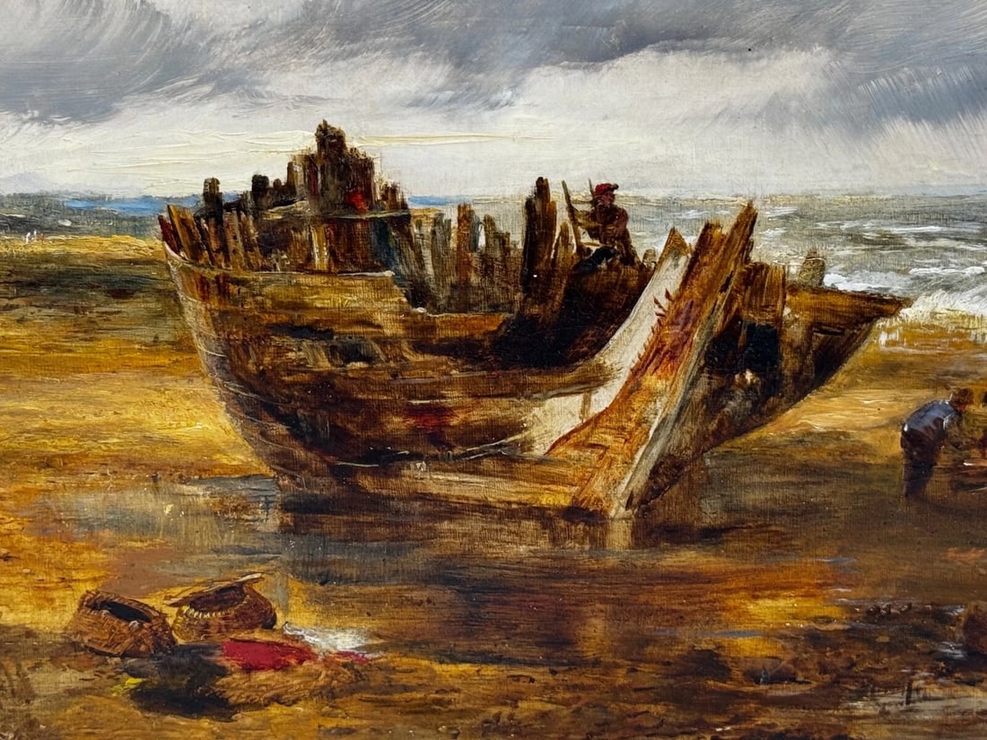 Oil Painting Ships Hulk Wreck Moreton Beach Wirral Historic Leasowe Lighthouse - 11