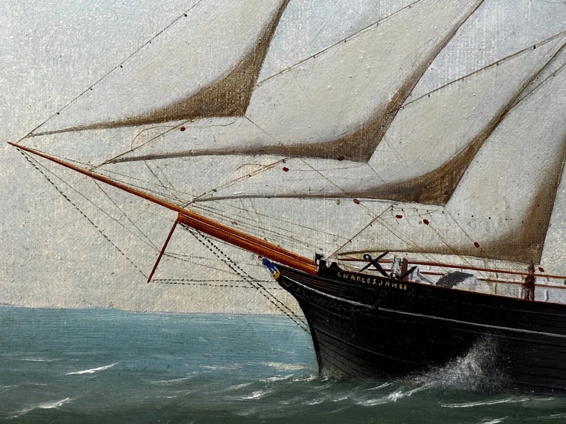 French Victorian Oil Painting Marine Barquentine Ship Charles James Off Dunkirk - 12