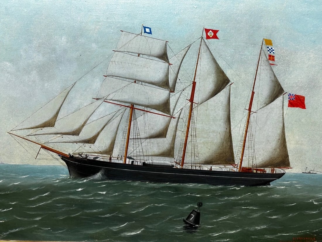 French Victorian Oil Painting Marine Barquentine Ship Charles James Off Dunkirk - 3