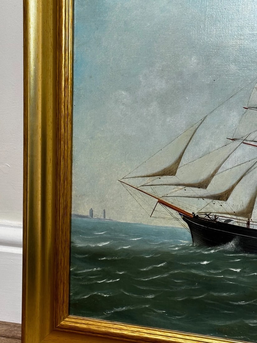 French Victorian Oil Painting Marine Barquentine Ship Charles James Off Dunkirk - 5