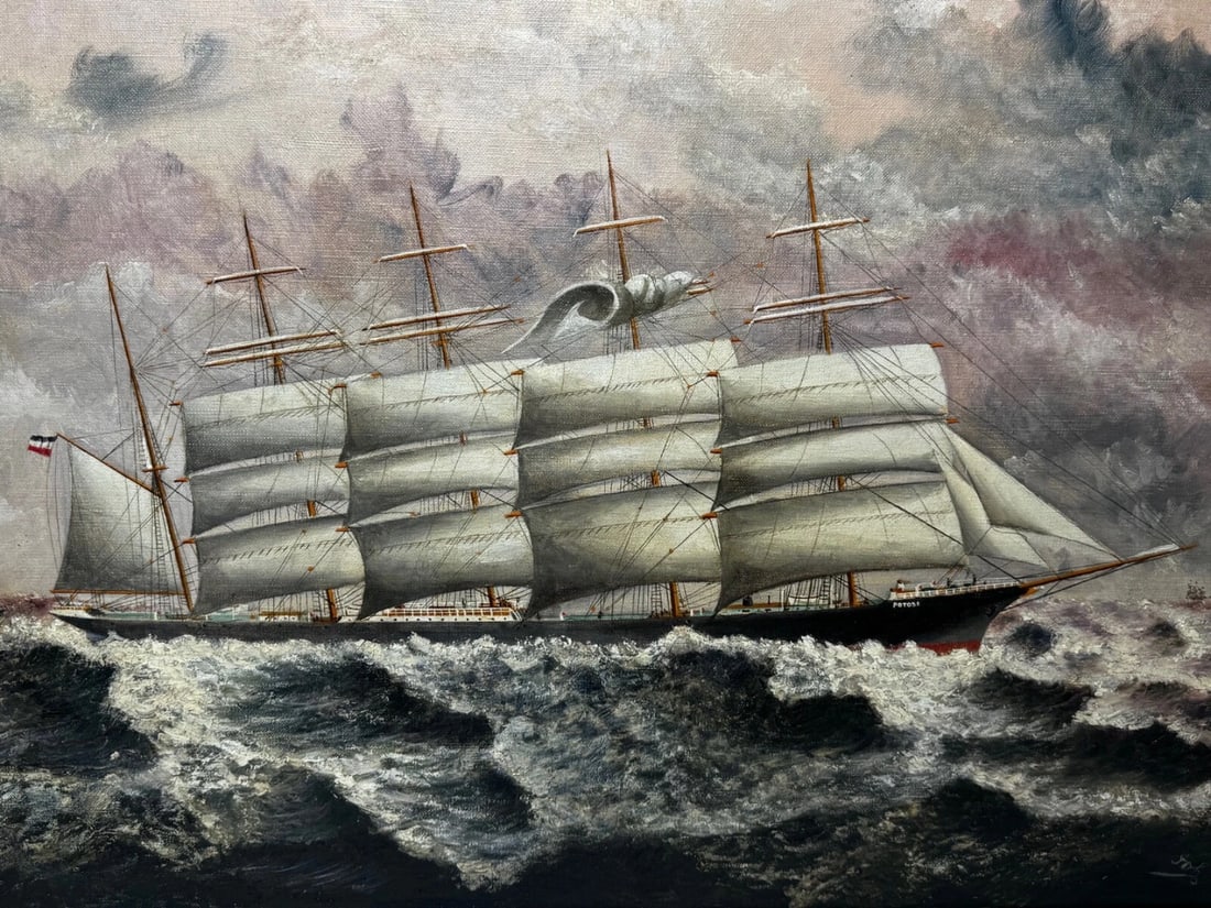 Oil Painting 5 Masted Steel Hull Sailing Ship Potosi Navigating Drakes Passage - 3