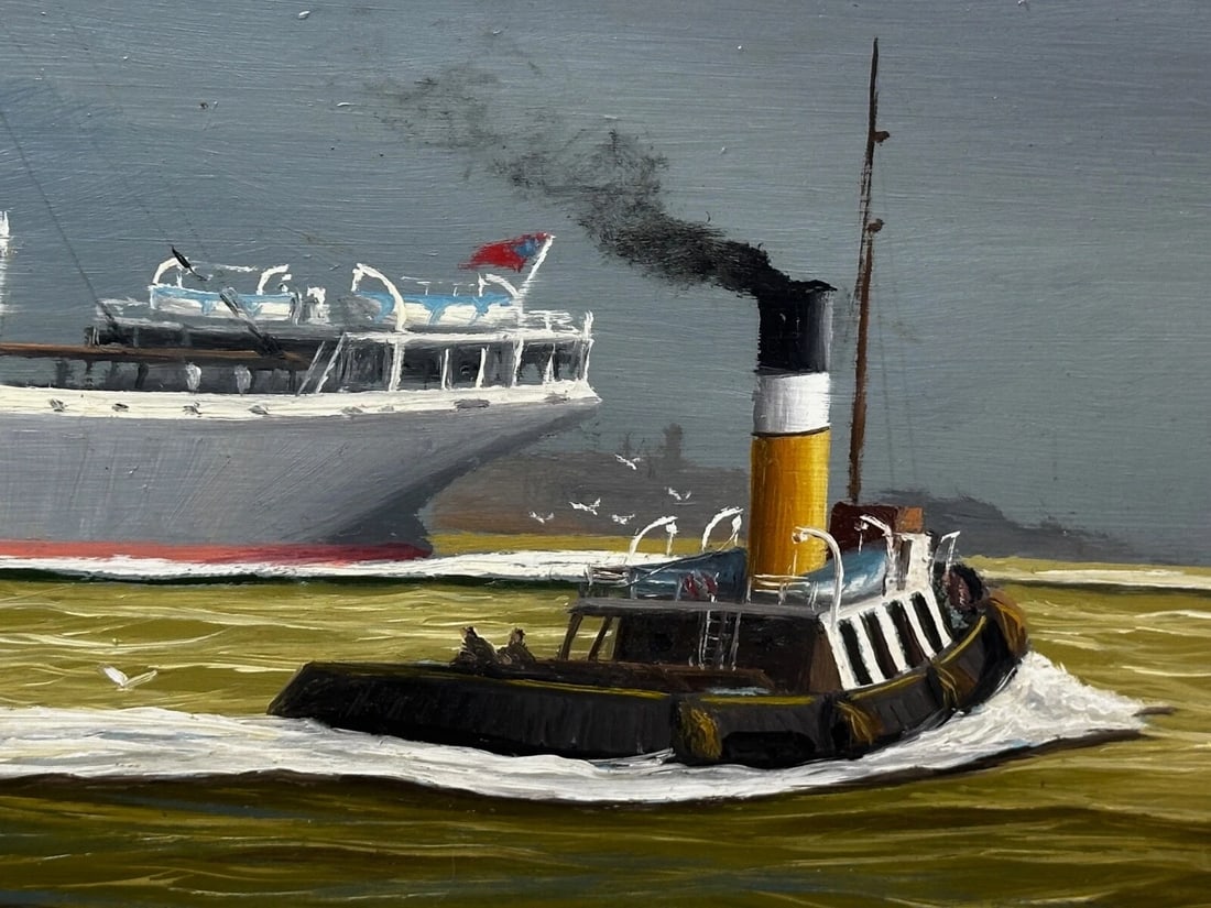 Oil Painting Alca Passenger Cargo Ship Yeoman Line & Steam Ferry Boat Claughton - 16