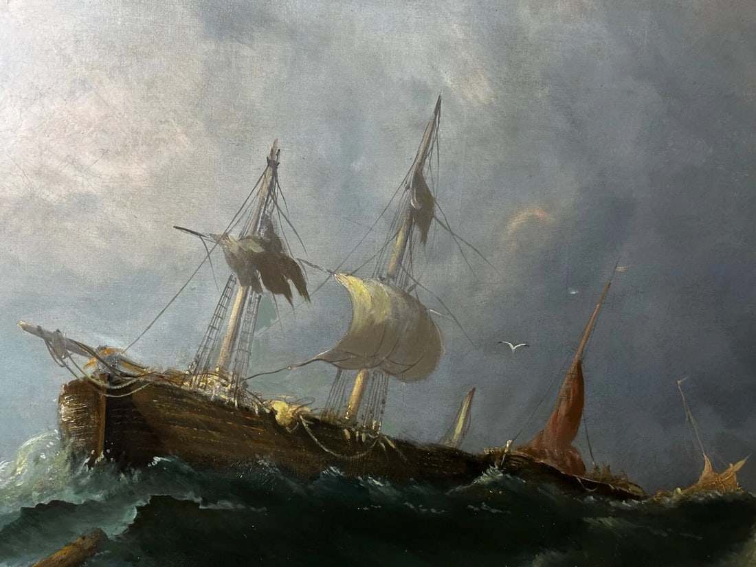 Huge Oil Painting Floundering Ships Awaiting Rescue By William Henry Williamson - 4
