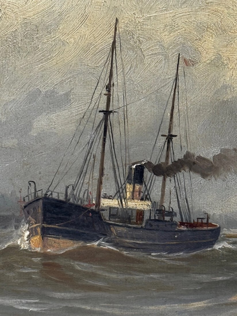 Oil Painting Pilot Tug Boat On Tyne Tynemouth Lighthouse by John Davison Liddell - 12