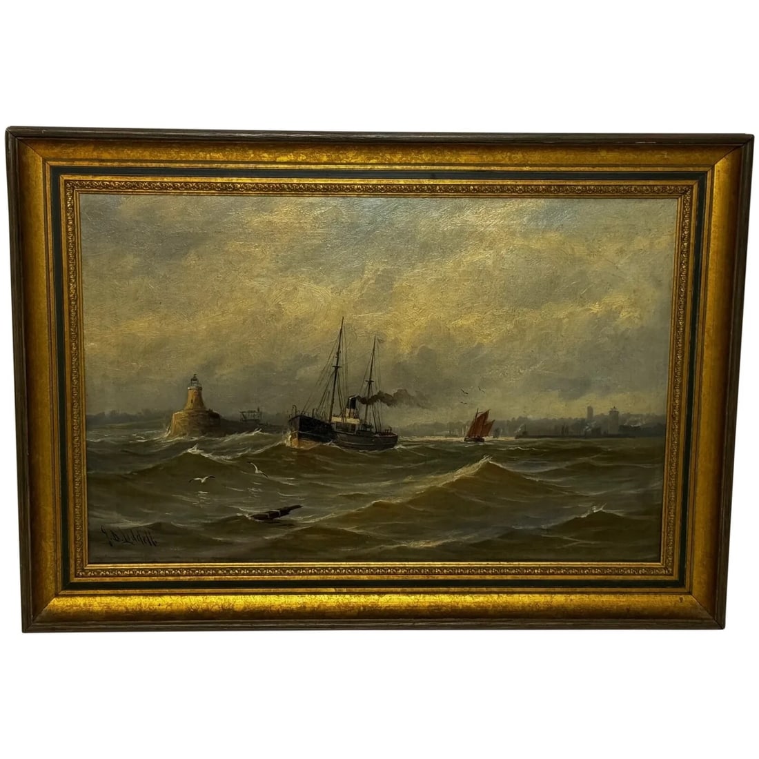Oil Painting Pilot Tug Boat On Tyne Tynemouth Lighthouse by John Davison Liddell: Title: Oil Painting Pilot Tug Boat On Tyne Tynemouth Lighthouse by John Davison Liddell Description: 1 Fine British Victorian Marine Oil Painting Pilot Steam Tug Boat Leaving The Tyne Newcastle By Joh