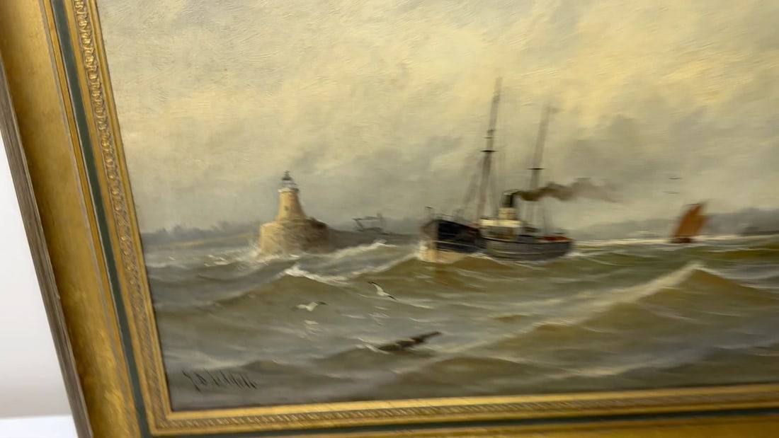 Oil Painting Pilot Tug Boat On Tyne Tynemouth Lighthouse by John Davison Liddell - 2
