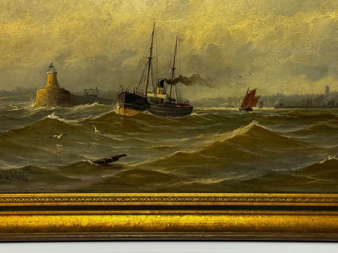 Oil Painting Pilot Tug Boat On Tyne Tynemouth Lighthouse by John Davison Liddell - 6