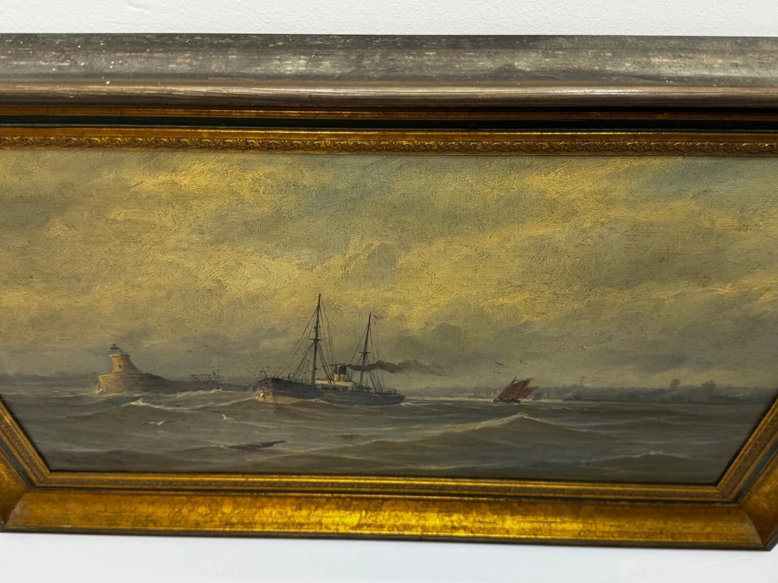 Oil Painting Pilot Tug Boat On Tyne Tynemouth Lighthouse by John Davison Liddell - 7