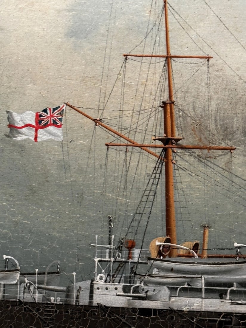 Oil Painting Marine Ship Blake Class Cruiser Royal Navy HMS Blenheim C1900's - 15