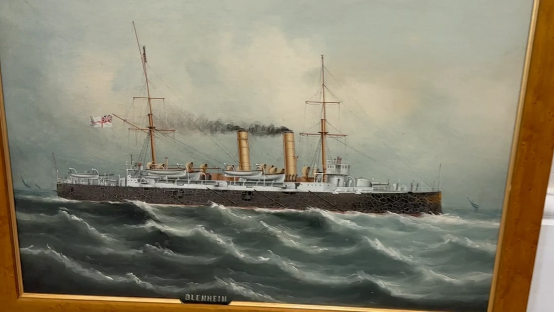 Oil Painting Marine Ship Blake Class Cruiser Royal Navy HMS Blenheim C1900's - 2