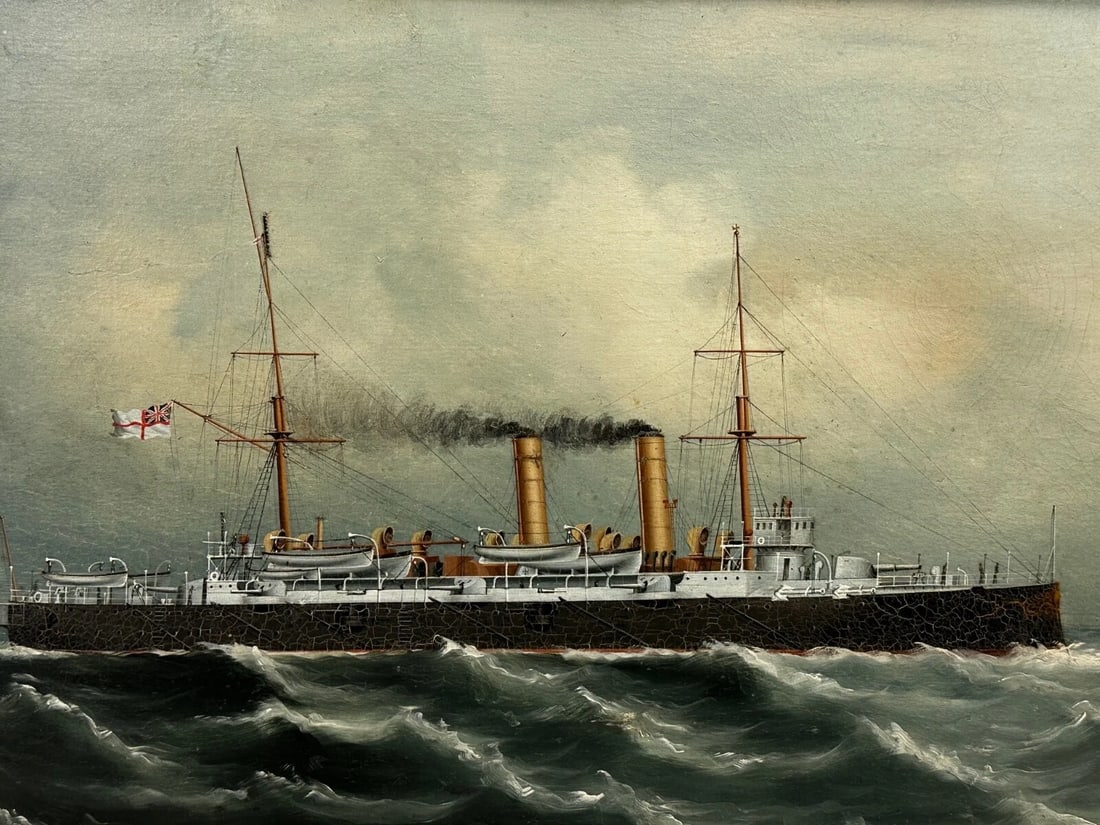 Oil Painting Marine Ship Blake Class Cruiser Royal Navy HMS Blenheim C1900's - 3