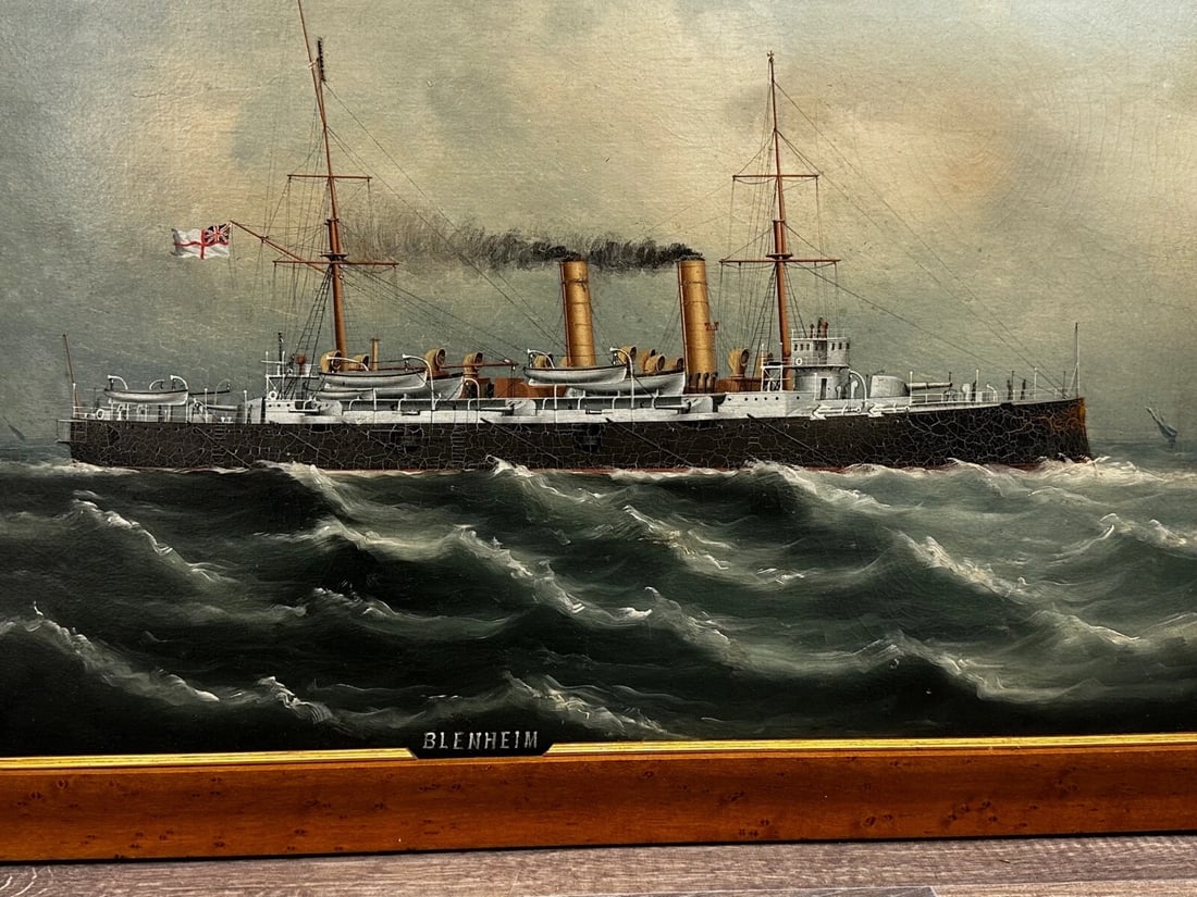 Oil Painting Marine Ship Blake Class Cruiser Royal Navy HMS Blenheim C1900's - 6