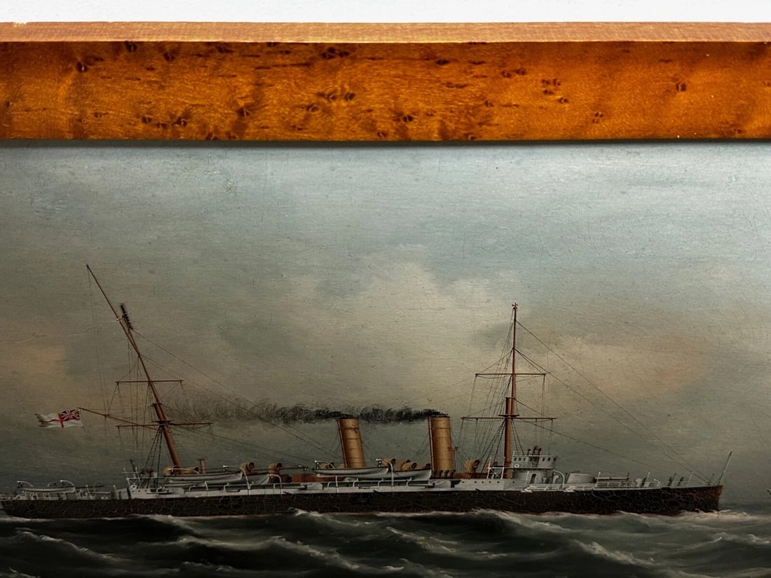 Oil Painting Marine Ship Blake Class Cruiser Royal Navy HMS Blenheim C1900's - 7