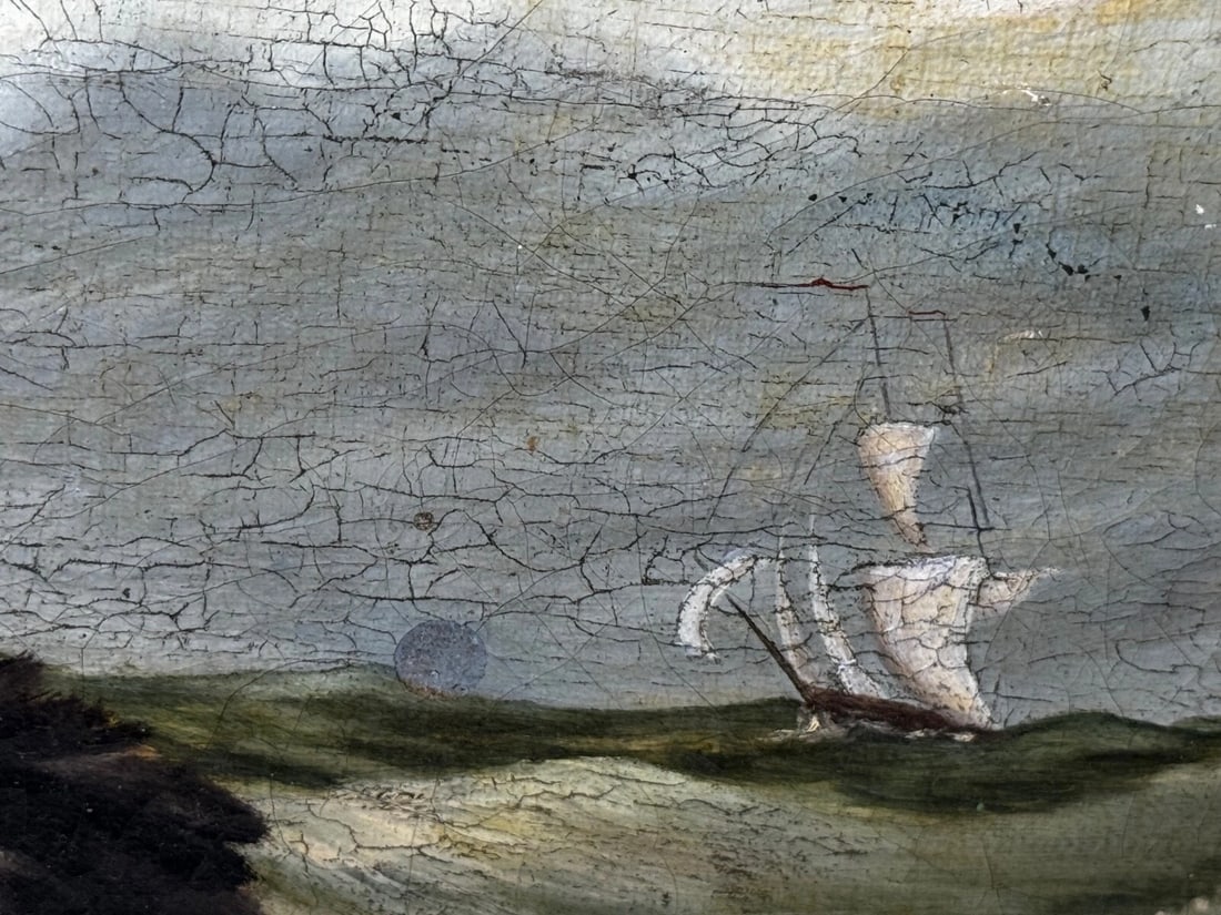 Marine Oil Painting Saint Bernard Dog Swamped Shipwrecked Approaching New York - 13