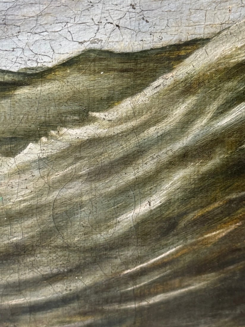 Marine Oil Painting Saint Bernard Dog Swamped Shipwrecked Approaching New York - 14