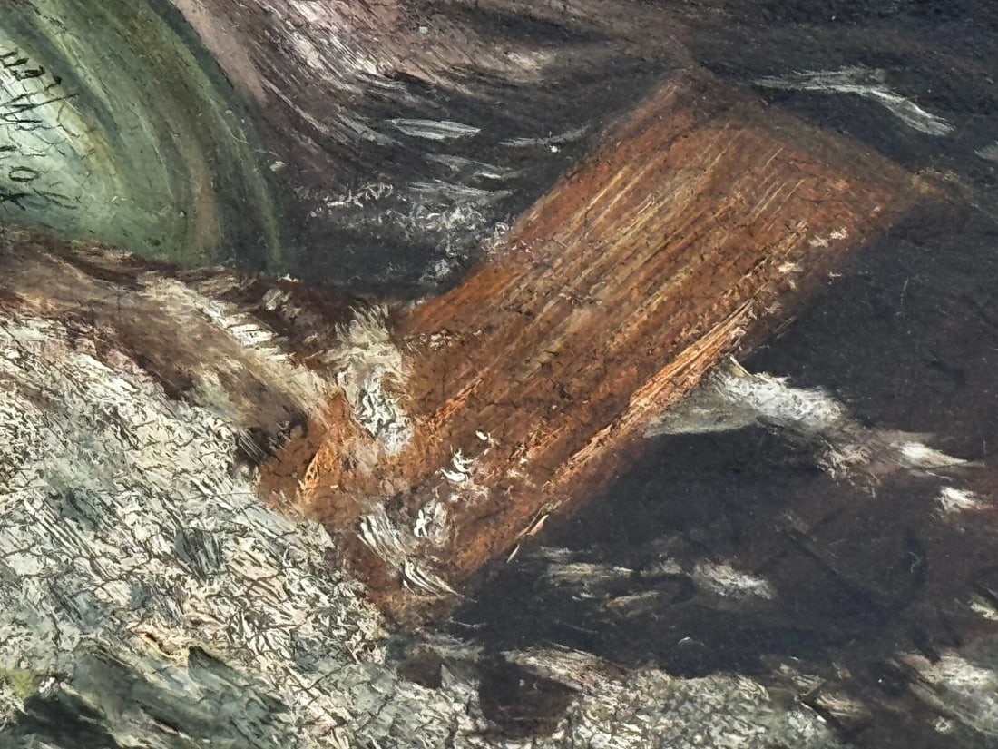 Marine Oil Painting Saint Bernard Dog Swamped Shipwrecked Approaching New York - 19