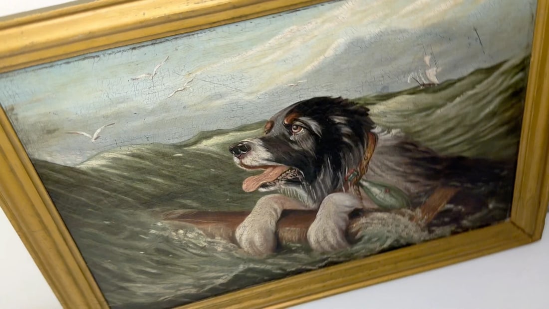 Marine Oil Painting Saint Bernard Dog Swamped Shipwrecked Approaching New York - 2