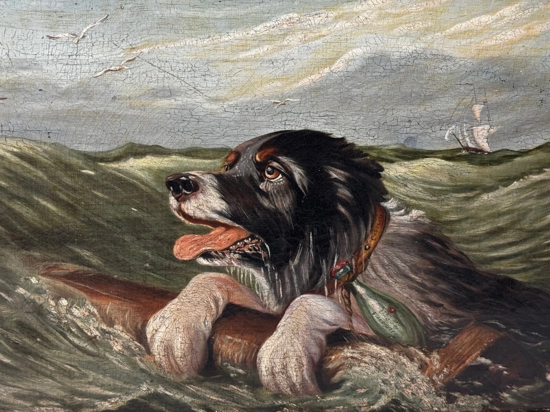 Marine Oil Painting Saint Bernard Dog Swamped Shipwrecked Approaching New York - 3