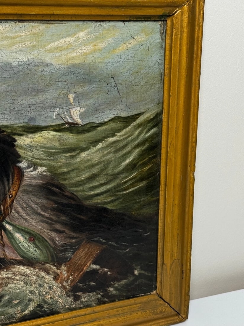 Marine Oil Painting Saint Bernard Dog Swamped Shipwrecked Approaching New York - 4