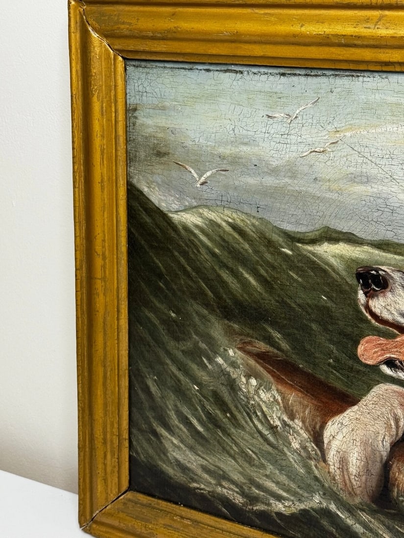 Marine Oil Painting Saint Bernard Dog Swamped Shipwrecked Approaching New York - 5