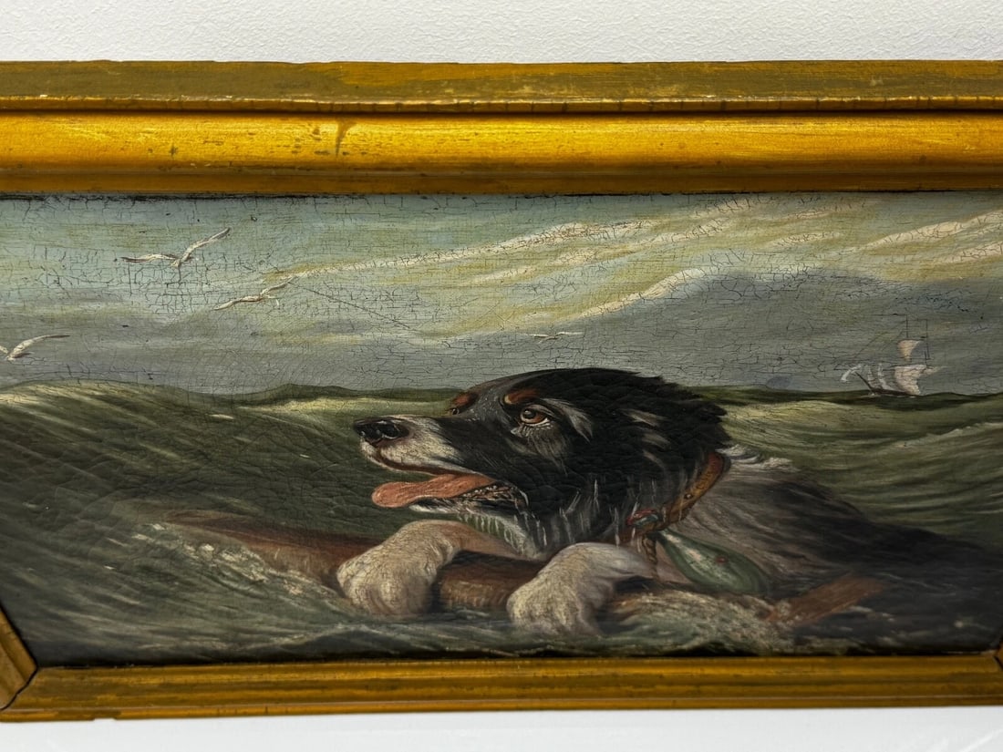 Marine Oil Painting Saint Bernard Dog Swamped Shipwrecked Approaching New York - 7