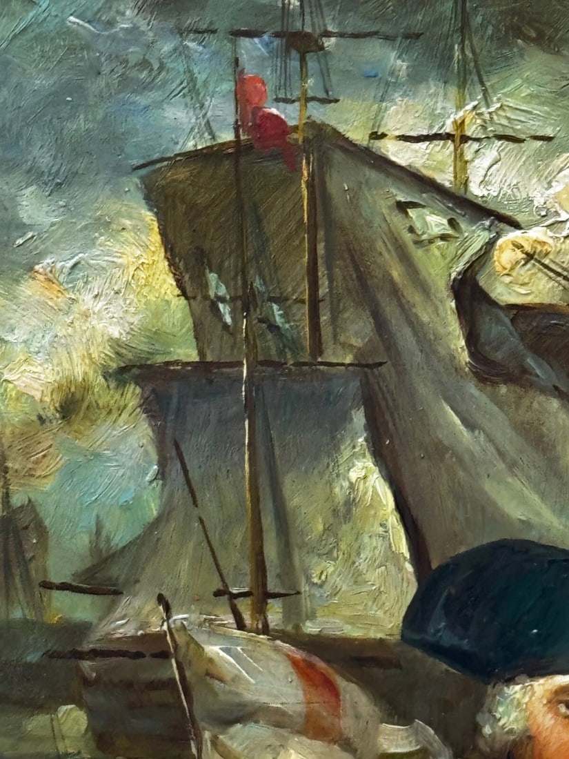 Marine Oil Painting Sea Battle Lord Howe On Deck Ship HMS Queen Charlotte - 11