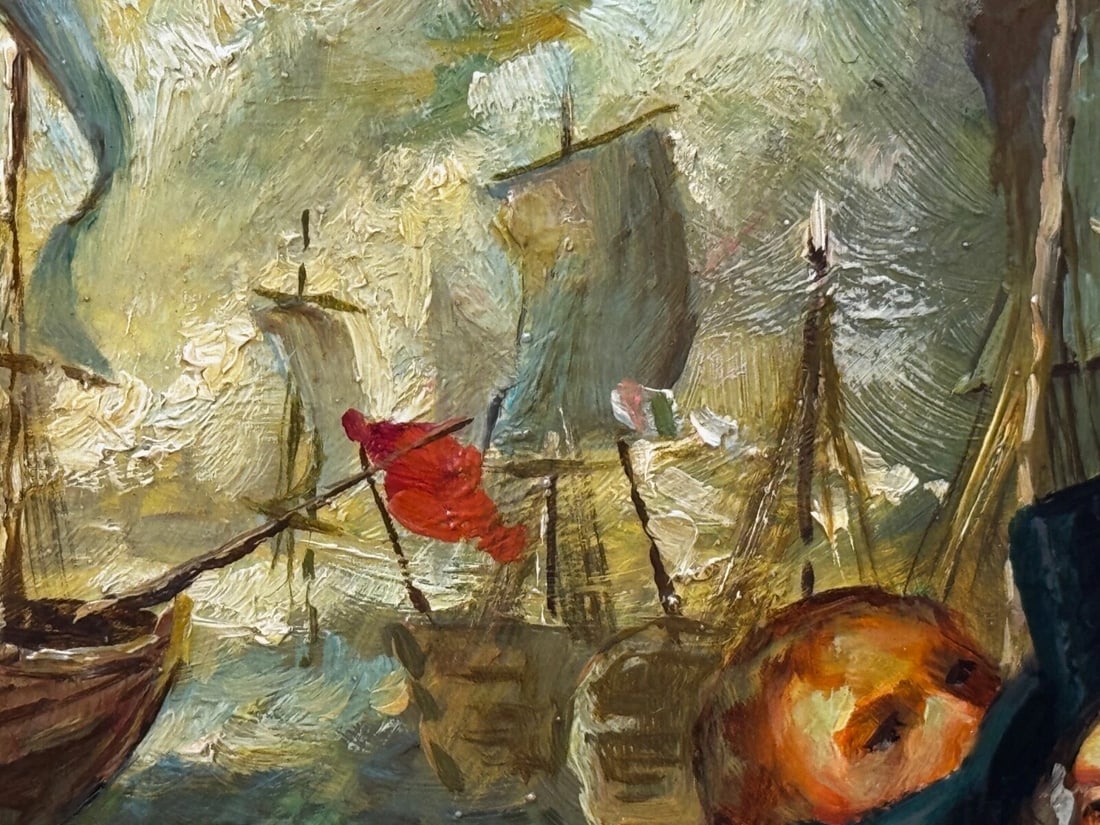 Marine Oil Painting Sea Battle Lord Howe On Deck Ship HMS Queen Charlotte - 15