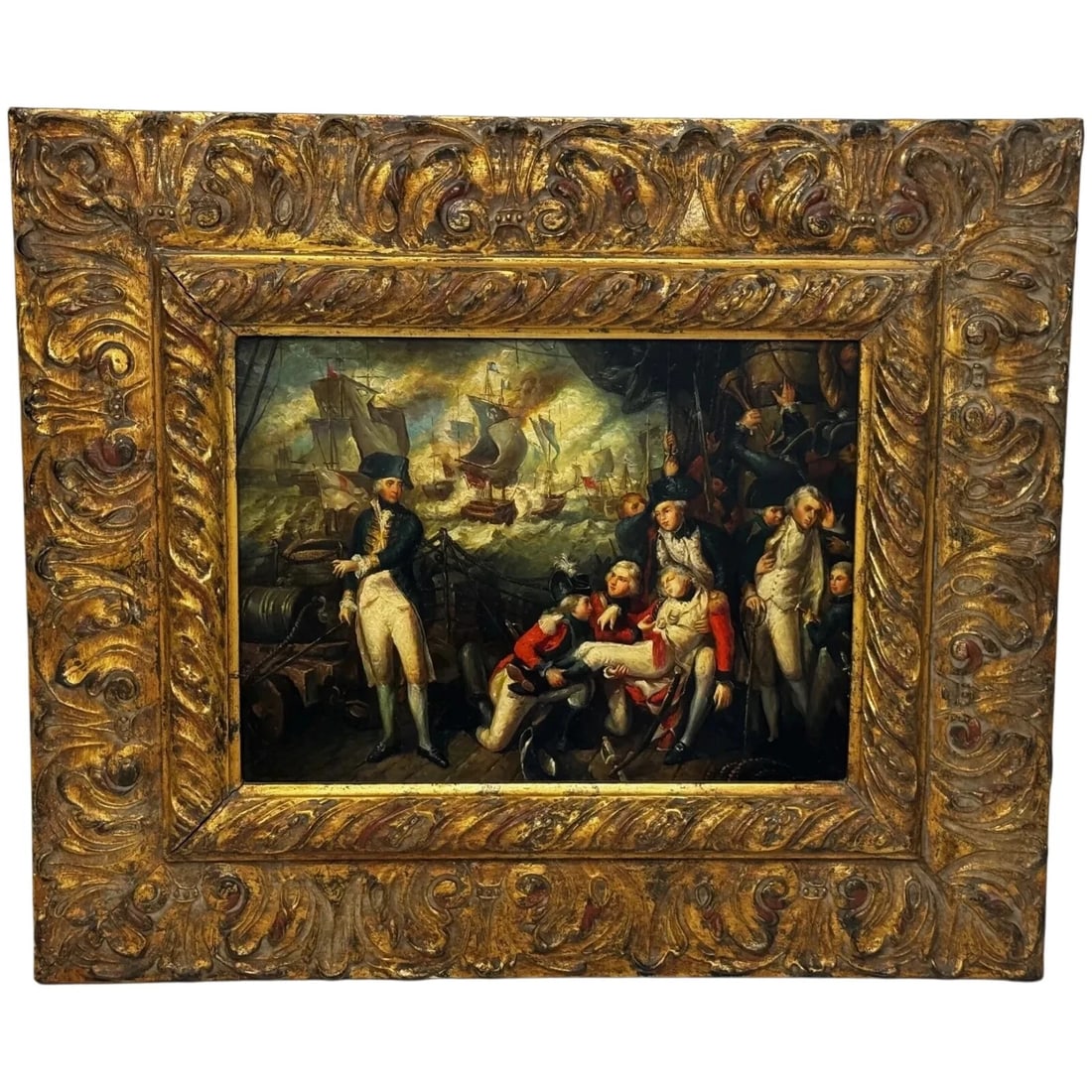 Marine Oil Painting Sea Battle Lord Howe On Deck Ship HMS Queen Charlotte: Title: Marine Oil Painting Sea Battle Lord Howe On Deck Ship HMS Queen Charlotte Description: 1 Antique Romanticism Important Dramatic Marine Oil Painting Lord Howe On Deck Ship HMS Queen Charlotte Se