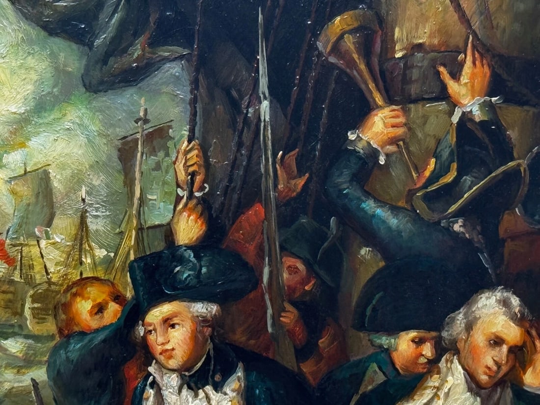 Marine Oil Painting Sea Battle Lord Howe On Deck Ship HMS Queen Charlotte - 20