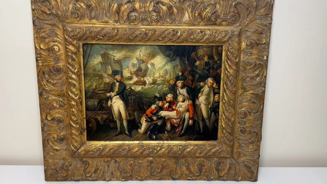 Marine Oil Painting Sea Battle Lord Howe On Deck Ship HMS Queen Charlotte - 2