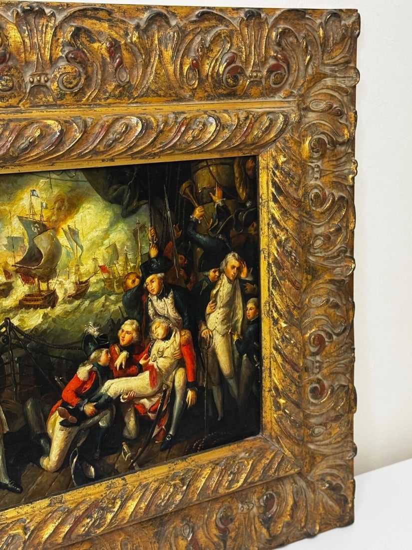 Marine Oil Painting Sea Battle Lord Howe On Deck Ship HMS Queen Charlotte - 4