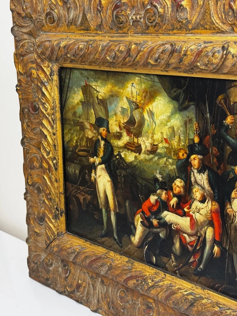 Marine Oil Painting Sea Battle Lord Howe On Deck Ship HMS Queen Charlotte - 5