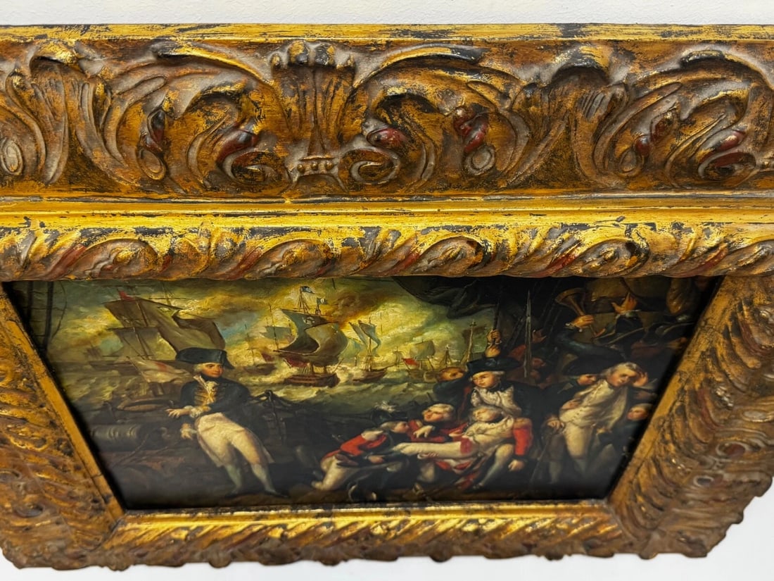 Marine Oil Painting Sea Battle Lord Howe On Deck Ship HMS Queen Charlotte - 7