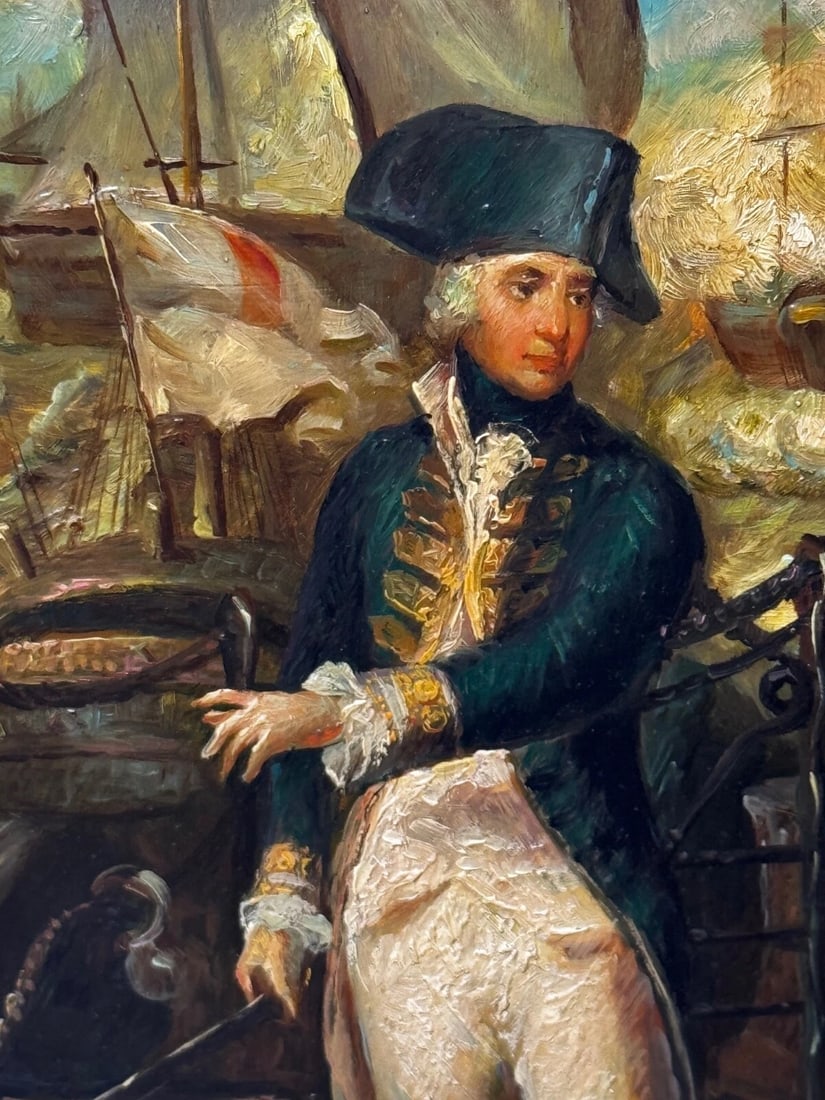 Marine Oil Painting Sea Battle Lord Howe On Deck Ship HMS Queen Charlotte - 9