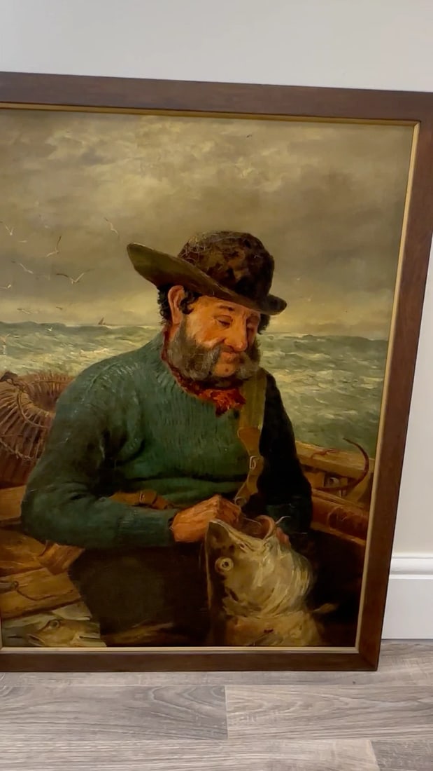 Newlyn 19th Century Marine Oil Painting Portrait Cornish Fisherman Hooked Catch - 2